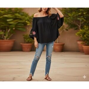 Feathers Black Floral Embroidered Off Shoulder Bell Sleeve Blouse XL Boho Top